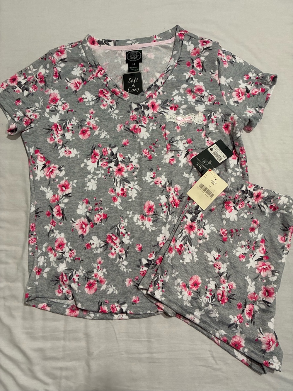 Laura Ashley Gray Floral V-Neck Short Pajama Set with Pink & White Blooms Medium
